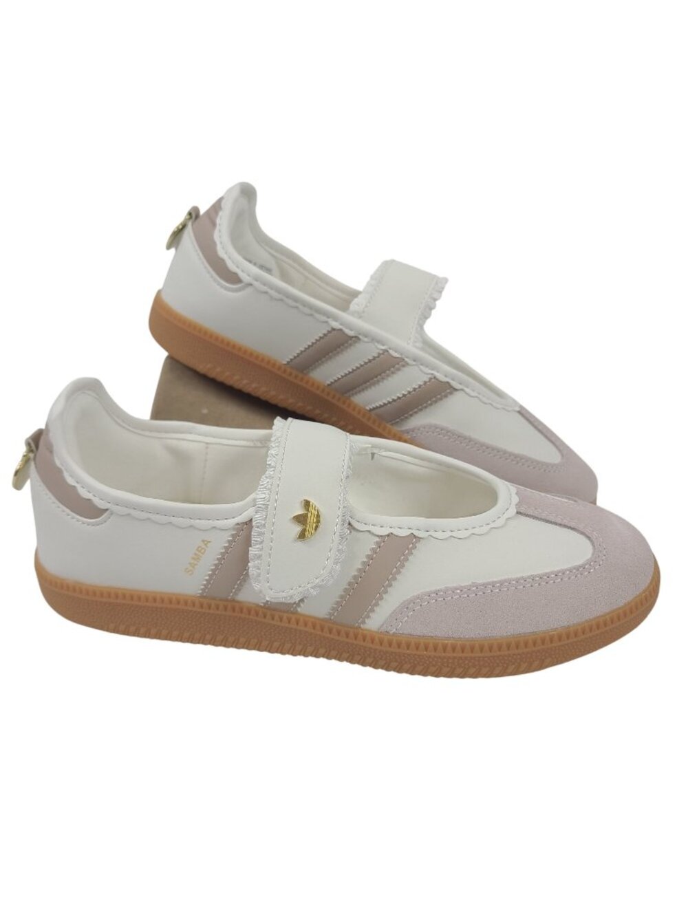Adidas Samba Mary Jane Shoes Pink & White Gold Accents Women's Sz 7.5 Sneakers